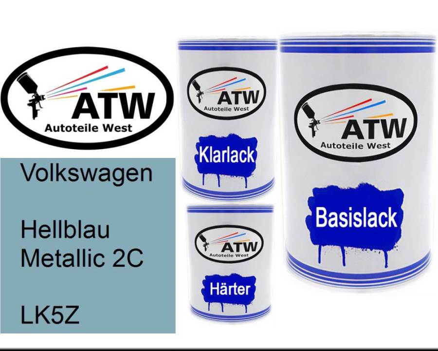 Volkswagen, Hellblau Metallic 2C, LK5Z: 500ml Lackdose + 500ml Klarlack + 250ml Härter - Set, von ATW Autoteile West.